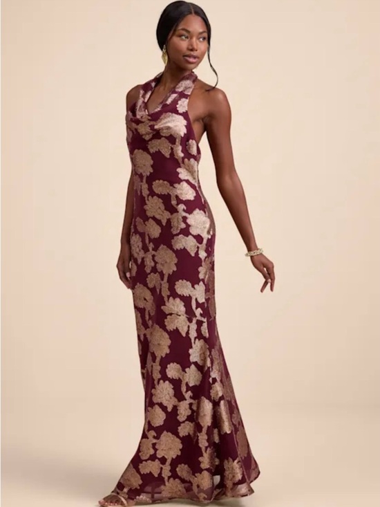 Lulus Dresses & Skirts - Lulus Zafira Burgundy And Gold Burnout Cowl Halter Maxi Dress Red - Size L